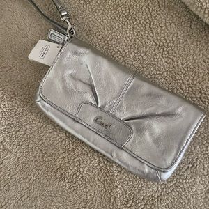 Y2K coach leather flap wristlet champagne gold / silver